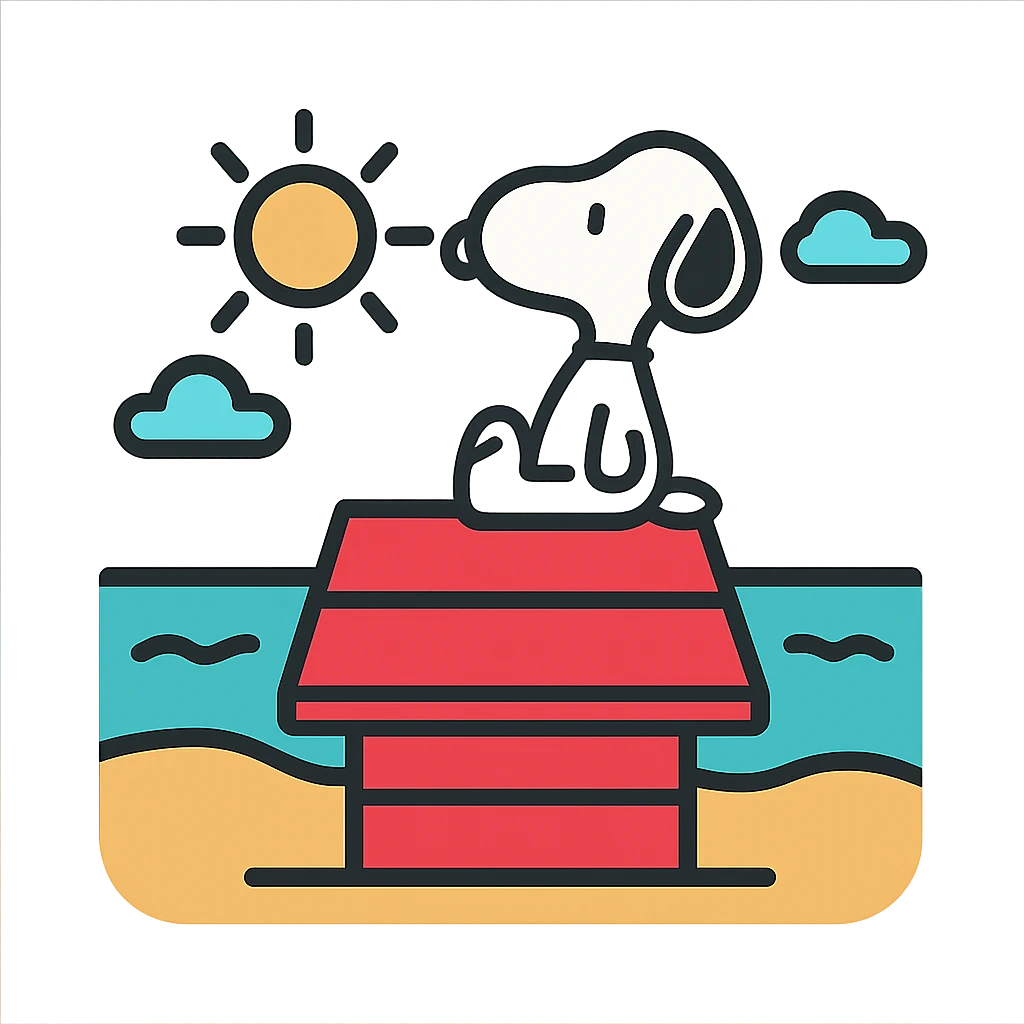 Snoopy, outlined and colorful, sitting on a doghouse, with a beach background emoji