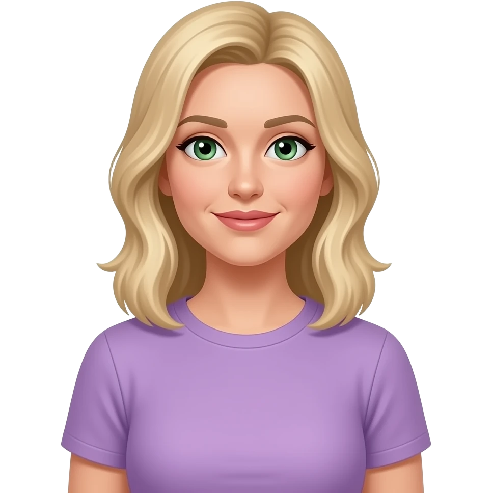 A woman in early 30s, blonde collarbone-length hair, green eyes, wearing a lilac t-shirt, image up to waist emoji