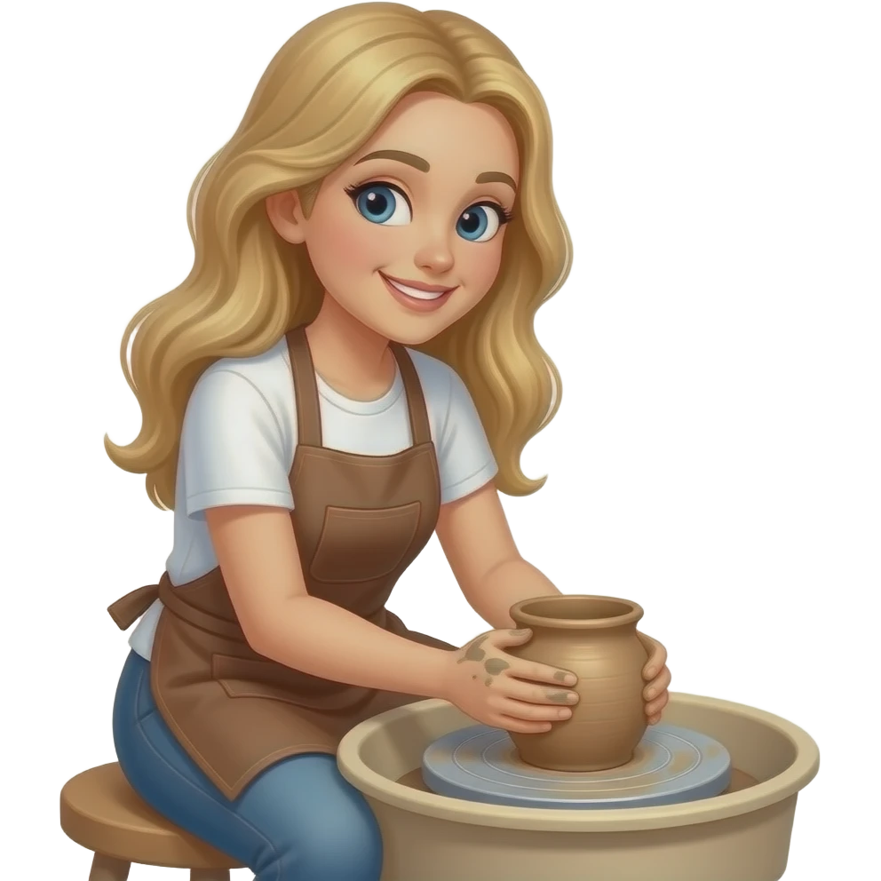 Blond long hair female, in white t-shirts and brown apron doing pottery, looks dawn and smiles emoji