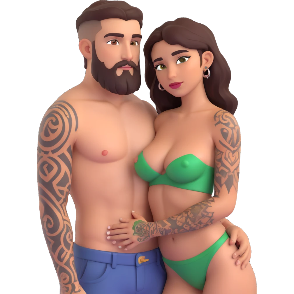 Brown eyed Latina woman with pierced nipples, small breasts and tattoos having sex with a tall white man with green eyes and a beard for christmas emoji
