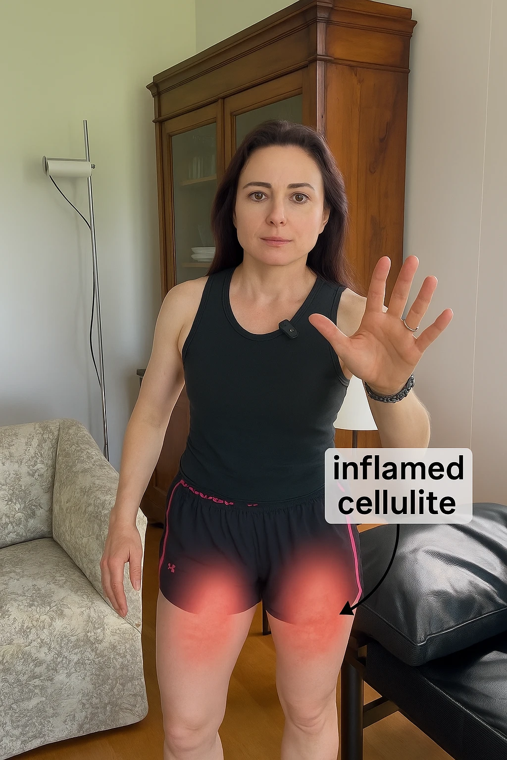 Donna con cellulite sulle cosce indica le cosce che sono infiammate di cellulite emoji