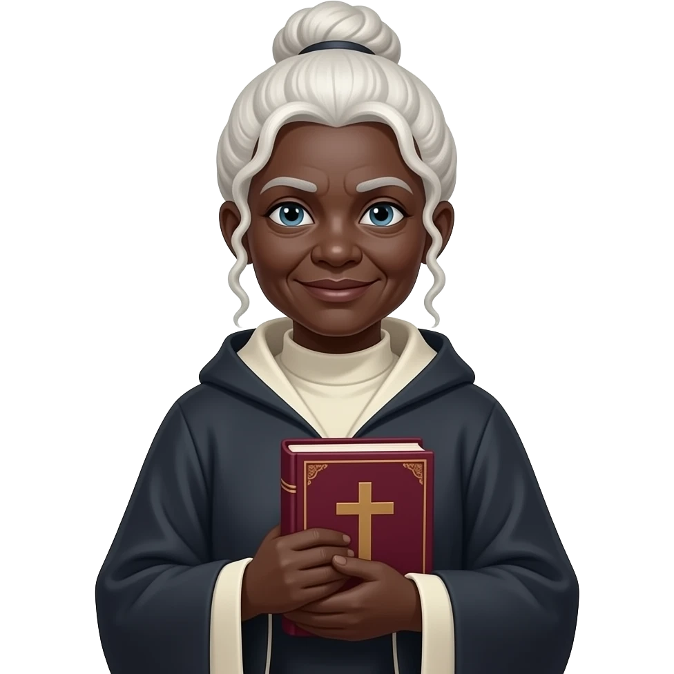 wise old woman with white hair tendrils in a bun black skin robe with burgundy book that has a cross on it emoji