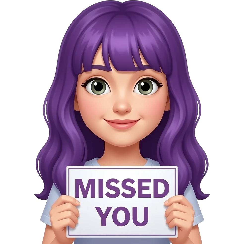 girl with long purple hair with a MISSED YOU sign emoji
