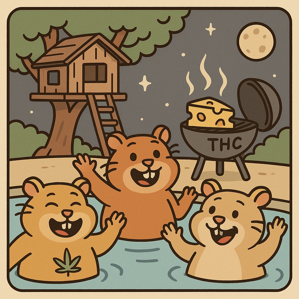 Discord server icon, square format, summer pool cookout scene with up to 3 hamsters waving and smiling, weed leaf, cheese, and THC theme, near a treehouse, in space. Flat toon style, soft but colorful, bold outlines, nostalgic, fun, inviting, summer party vibe, clear composition, less vibrant colors, designed to look good even at tiny size. emoji