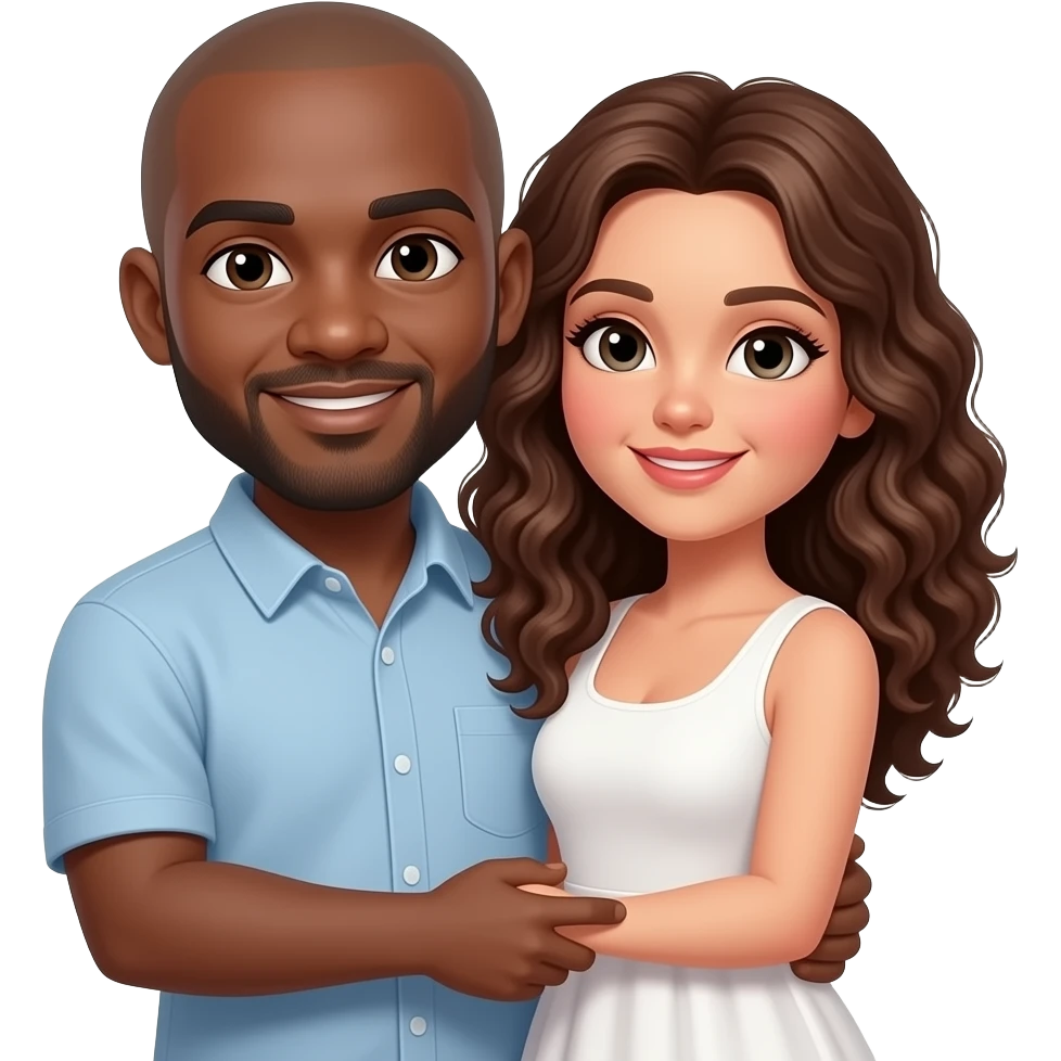 BALD, black, no mustache, short bearded man holding white long curly brown haired white woman emoji