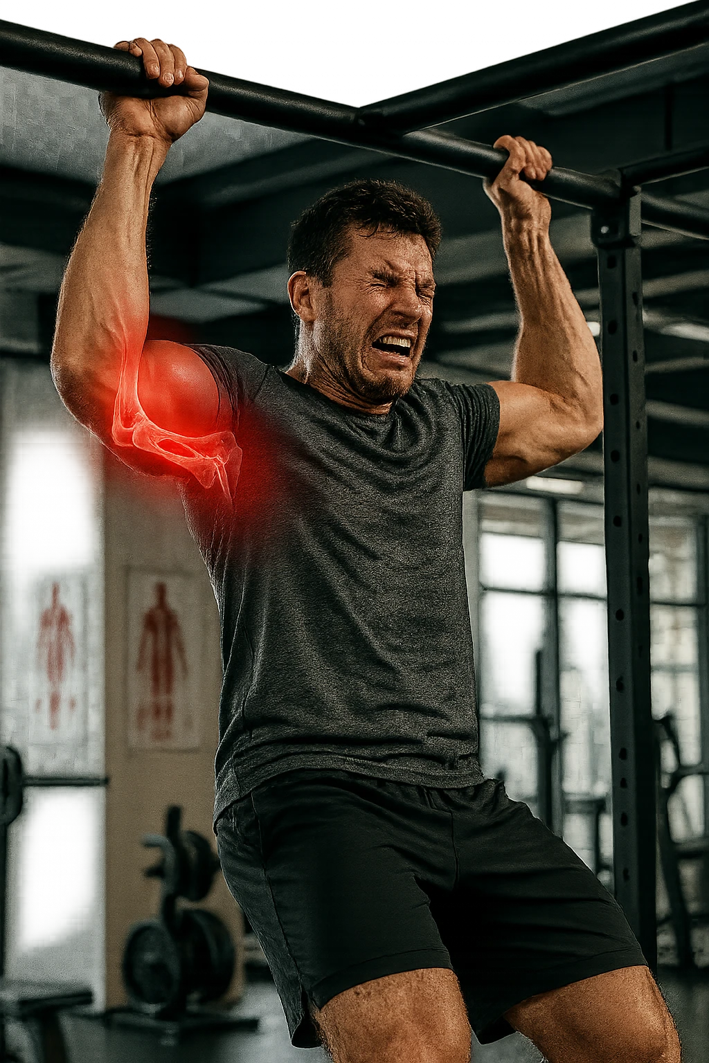 a man in gym attire is performing a pull-up on a bar when his face suddenly contorts in pain. His elbow is highlighted with a bright red glow, and a semi-transparent overlay reveals a visible tear or injury in the joint structures (such as ligaments or tendons). The background is a modern gym, with anatomical posters and equipment. emoji