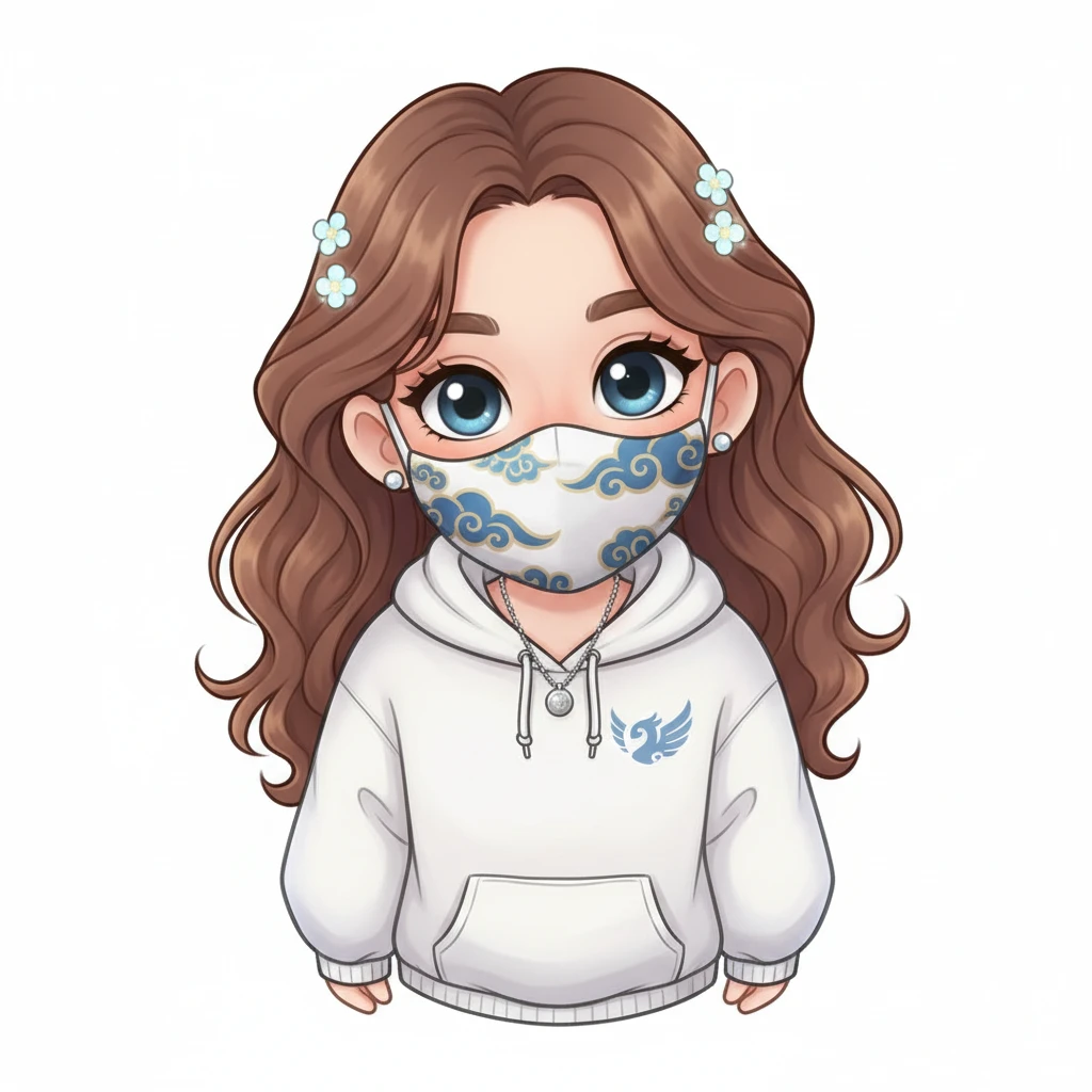 a beautiful girl wearing mask, front view,  Frontal Top-Down Soft Light, white background, portrait, casual cartoon stylized game mobile emoji