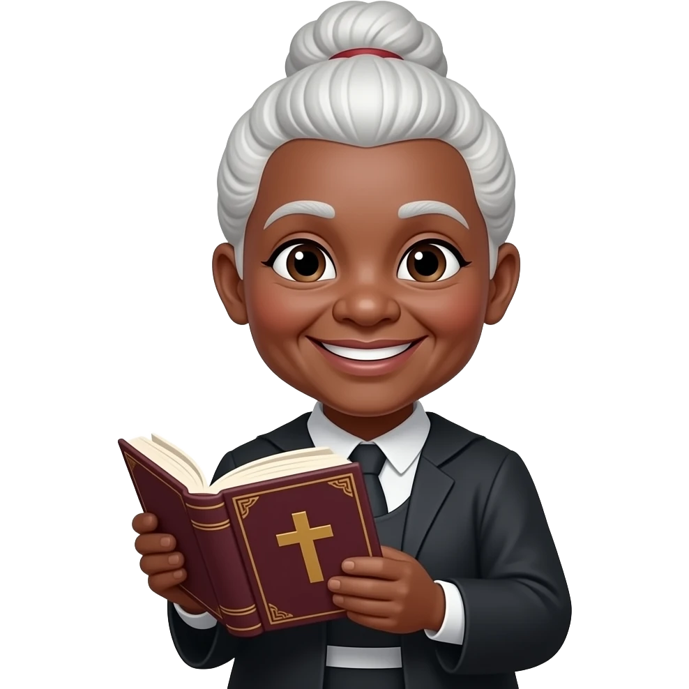 wise old woman with white hair in a bun black skin smile with book that has a cross on it emoji