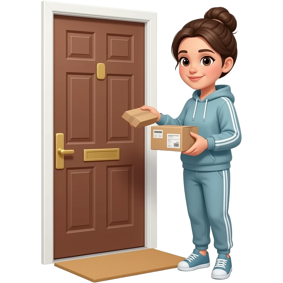 beautiful woman in a sweatshirt, sweat pants and a bun picking up her package outside her door emoji