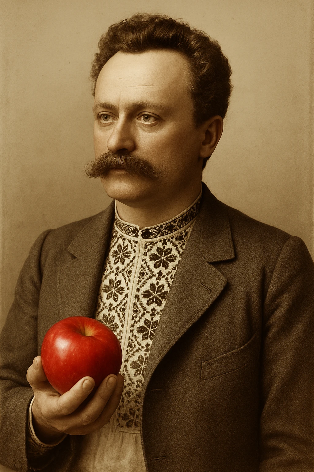 holds a red apple in his hand emoji