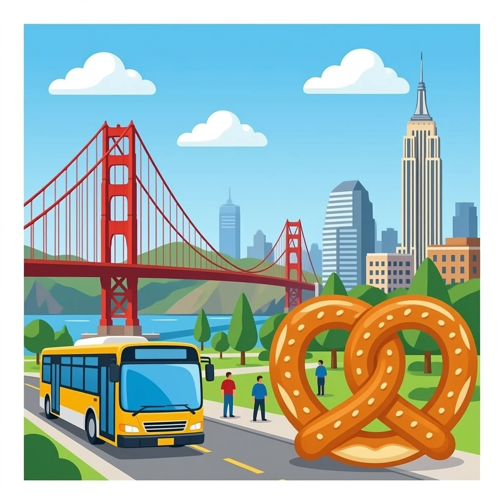 Bus, bridge (golden gate), buildings, parks, people, pretzel, and building (Empire State) emoji