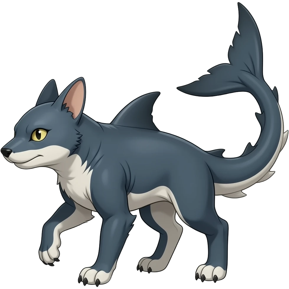 4-legged digitigrade dark badass edgy landhai-Latias-Latios-carvanha-sharpedo-sergal-houndoom-Manectric-hybrid-fusion-creature, with a long shark tail behind, full body emoji