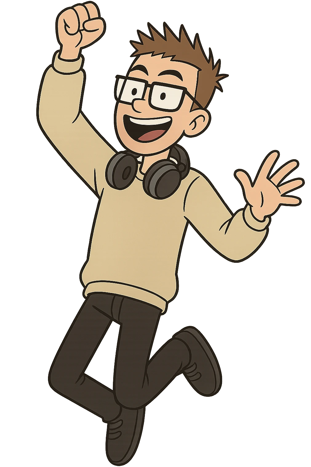 Slava Marlow, energetic pose, headphones around neck, no text emoji