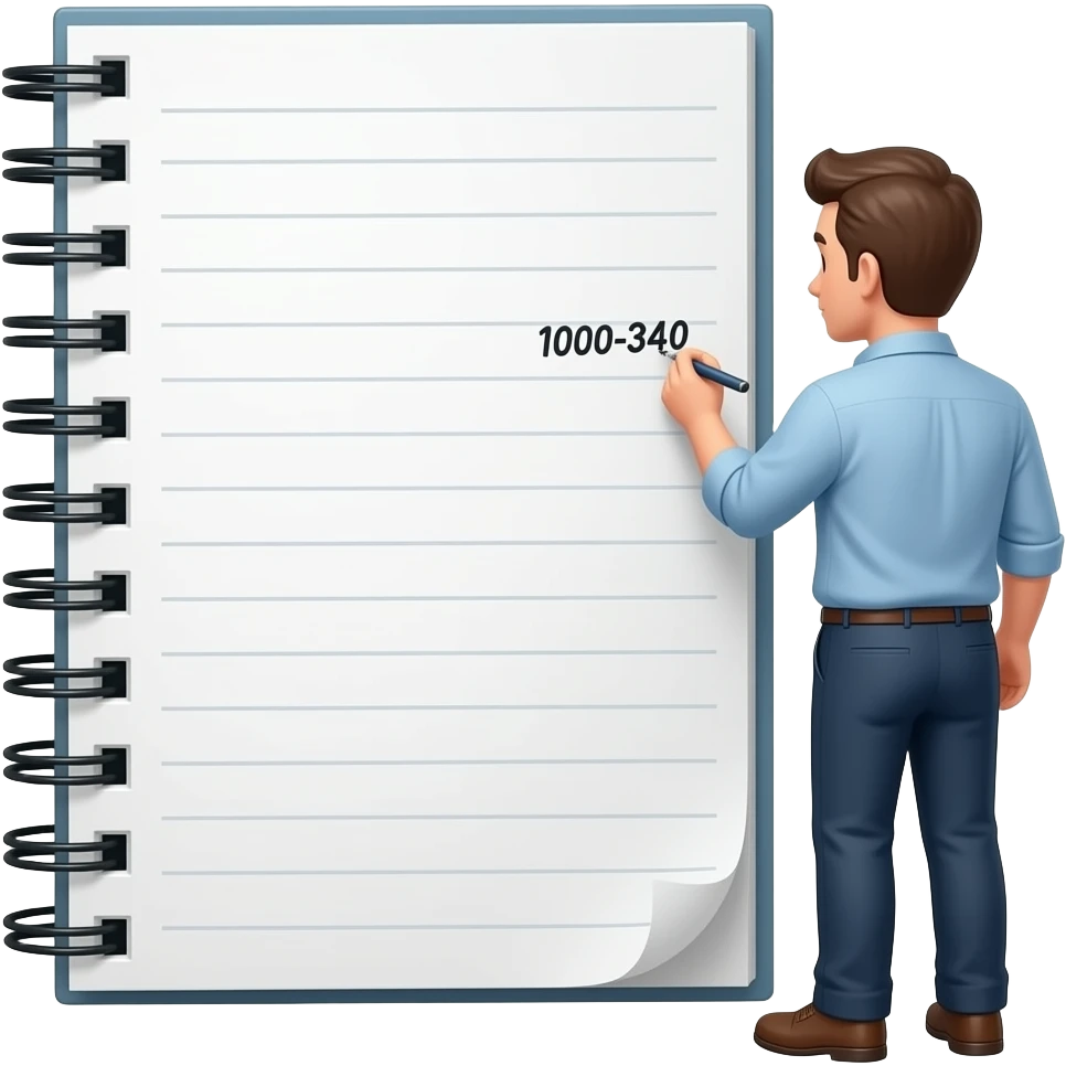 giant notebook written on by a man writing 1000-340 emoji