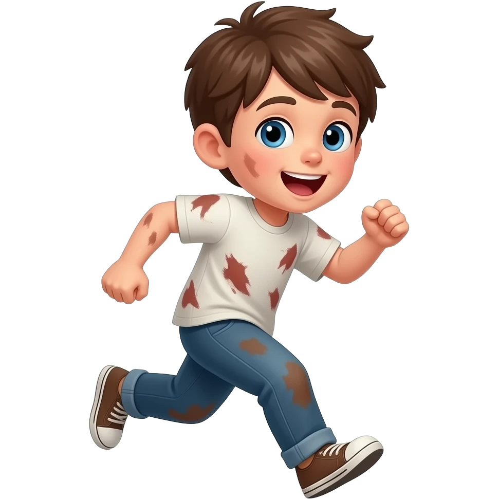 un chico con los ojos hazules i el pelo castaño. Tiene 5 años i esta emocionado. tiene la ropa manchada esta corriendo emoji