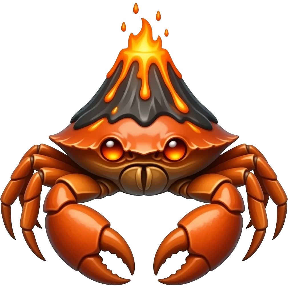 A crab with a volcano on its back with lava dripping down from it with glowing orange eyes emoji