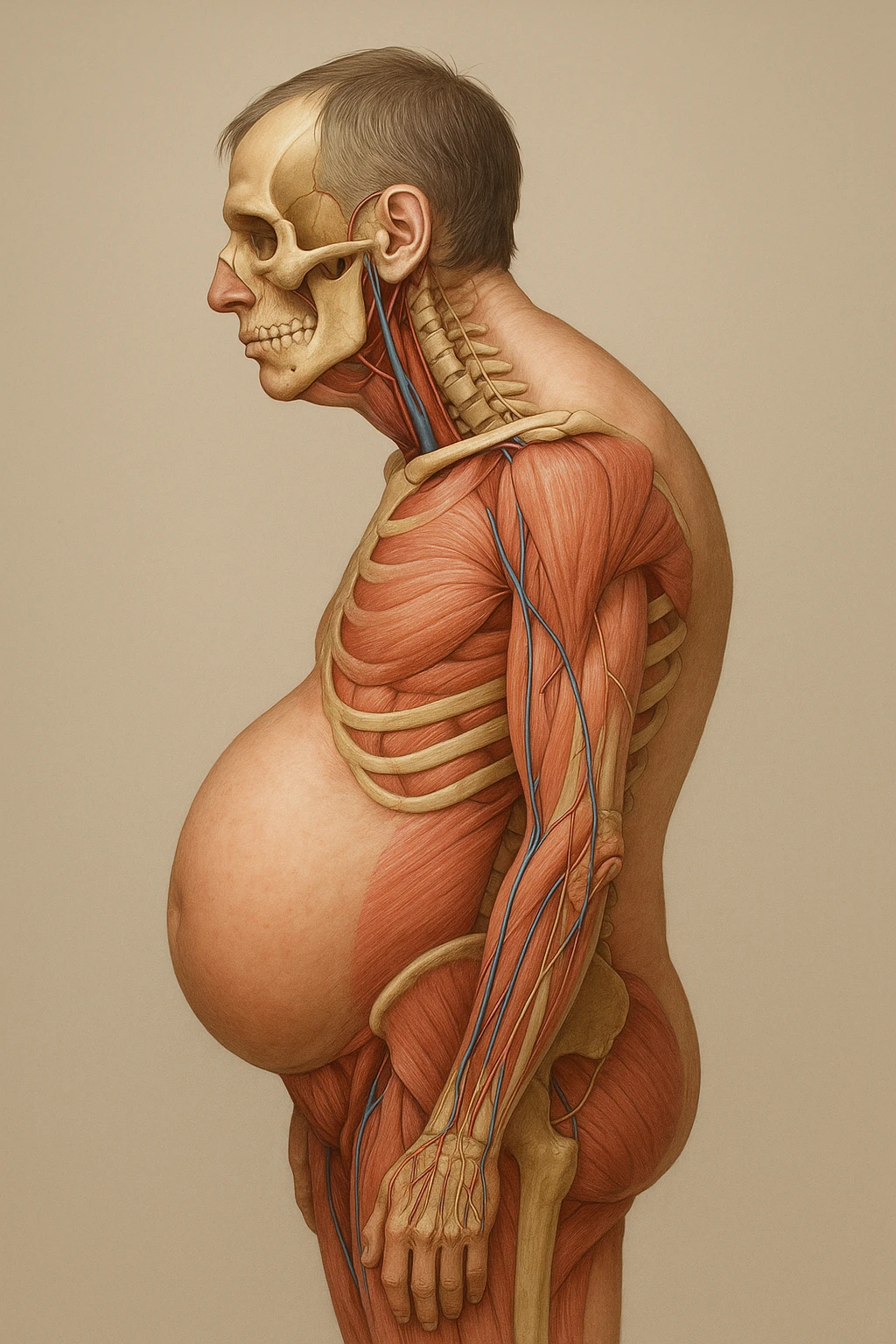 corpo UMANO ANATOMICO di profilo con spalle chiuse in avanti e pancia sporgente, postura errata, iperrealistico 4k emoji