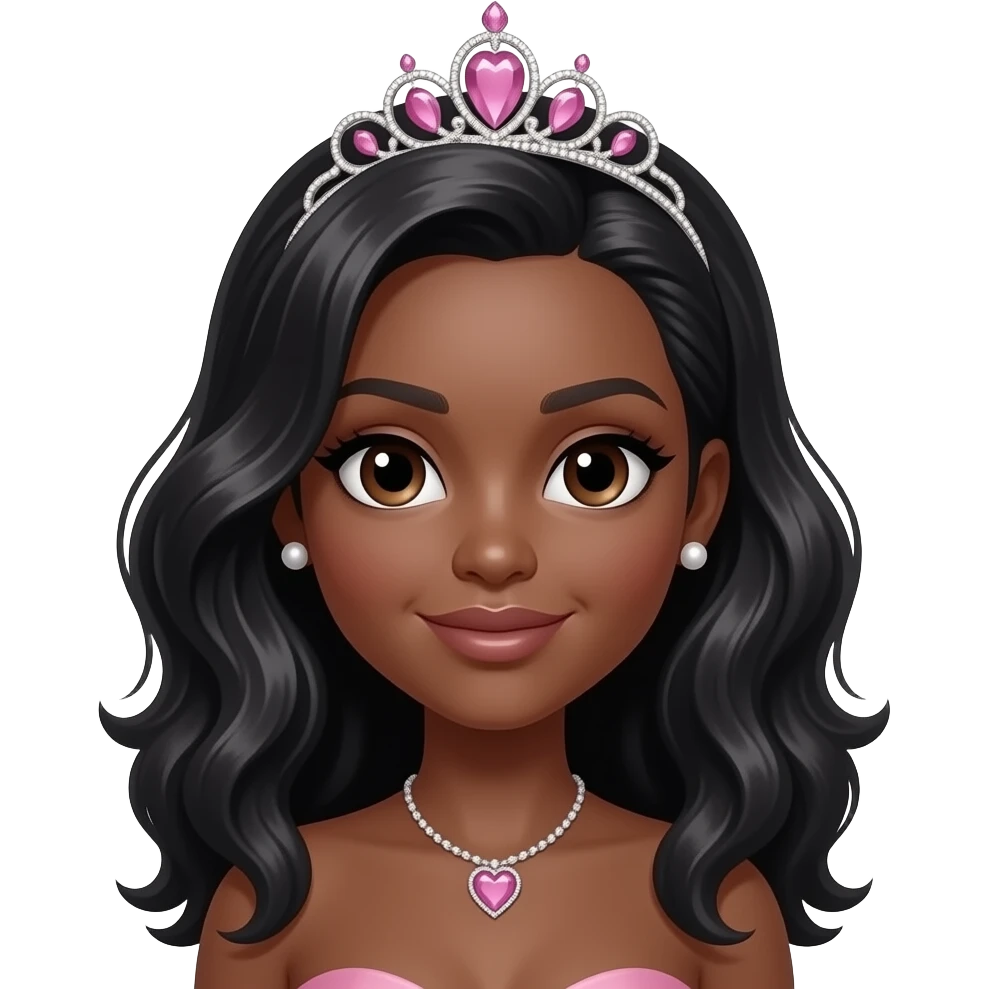 Dark brown skin, Doll shaped face, doll eyes, pink tiara, wavy with side part longer black hair, heart diamond  necklace, no bra, Pearl earrings studs emoji