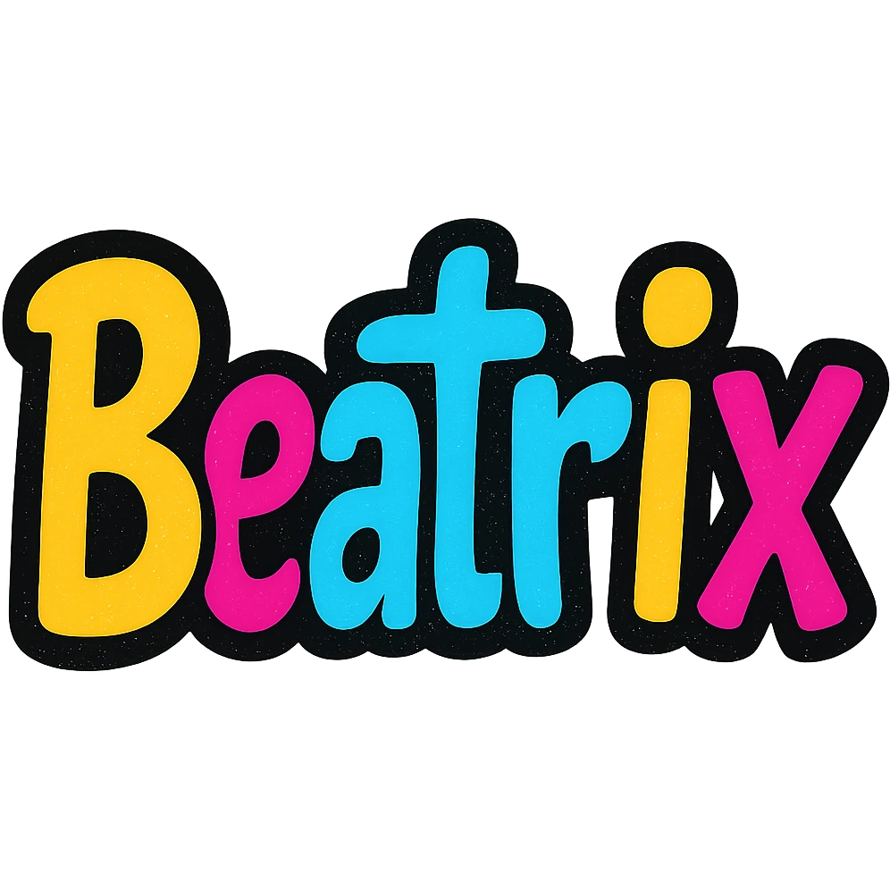 Beatrix name in colorful gradient modern font with dark outline, transparent background, in the style of sample images emoji