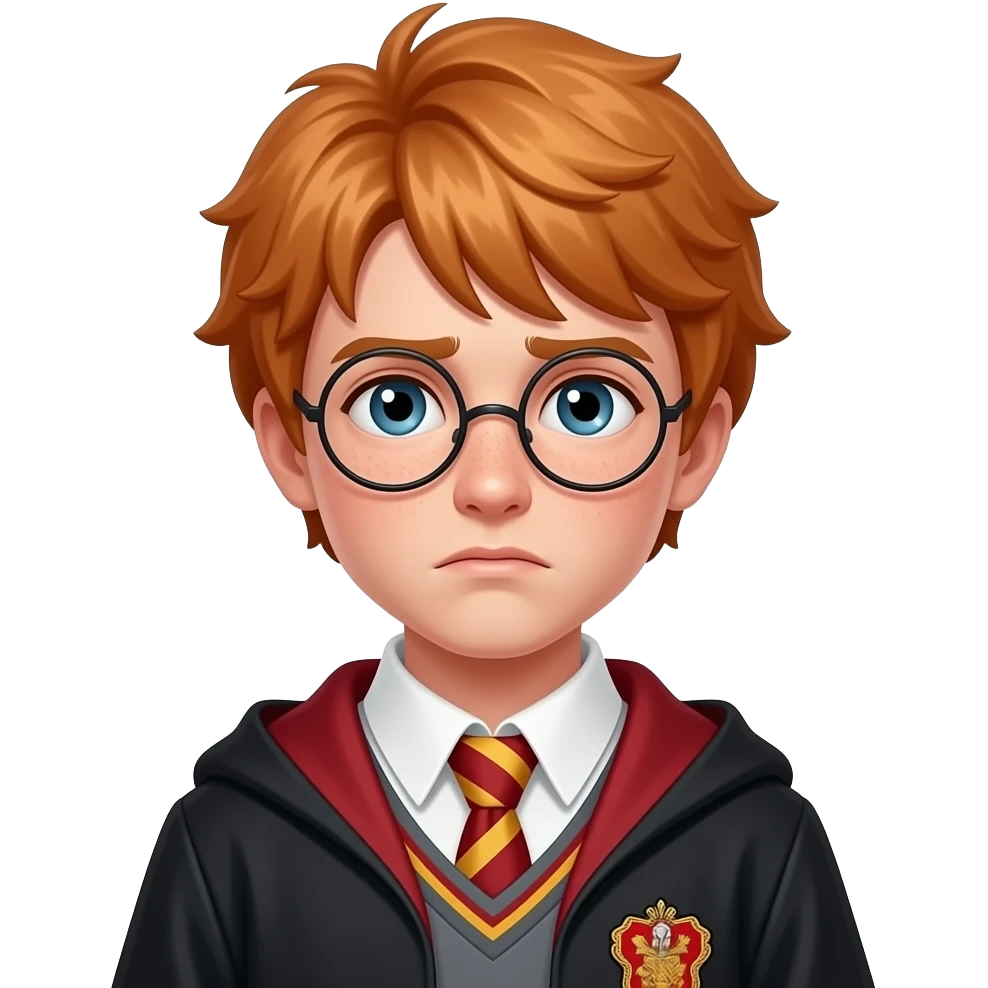 teenage wizard boy, 18-19 years old, ginger hair, light freckles, serious slightly worried expression, wearing school robe and tie, gold and red colors, head-and-shoulders portrait, centered, 3D glossy emoji style, clean background emoji