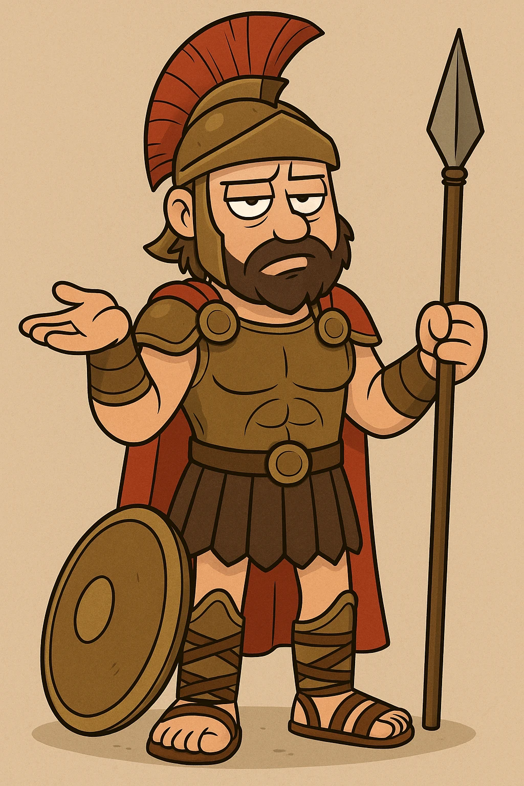Ares, dieu grec, air blasé, style cartoon, armure antique, casque à crête, pose nonchalante, sans texte emoji