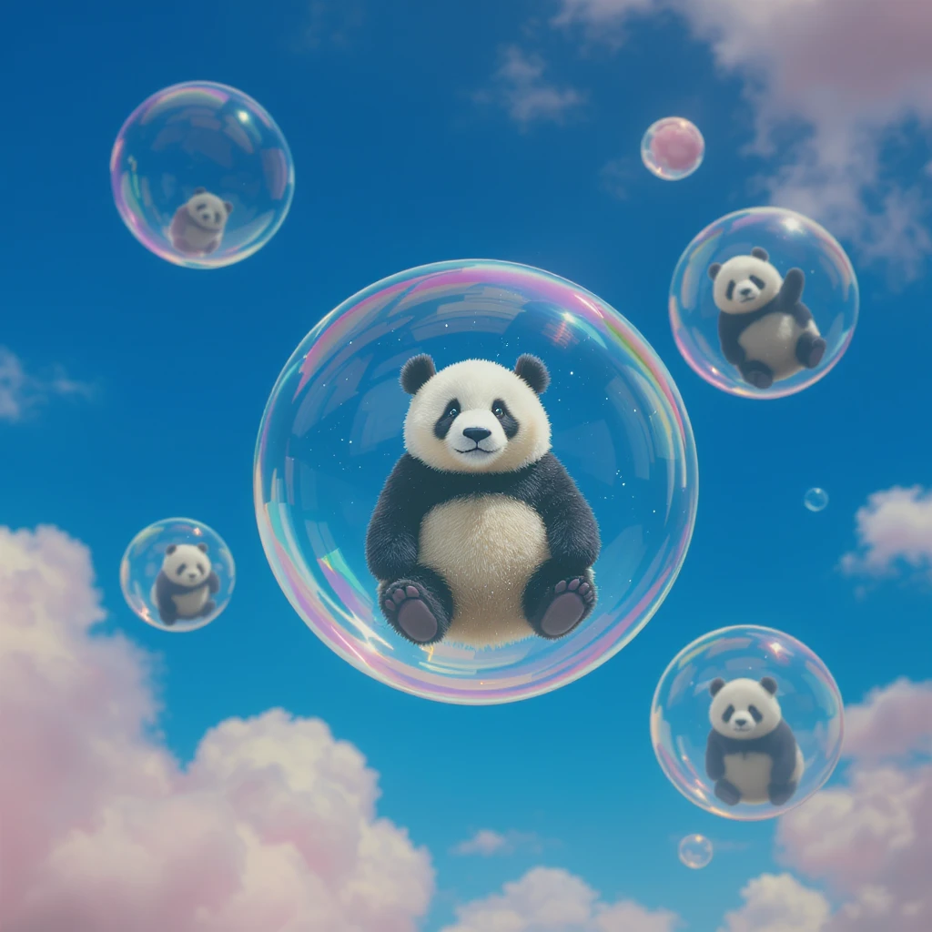 Minimalistic Cinematic still of pandas bears sitting inside flying bubbles, blue sky filling background , pink clouds emoji