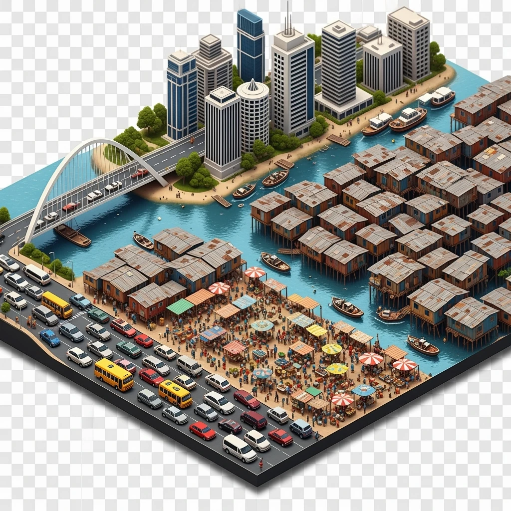 Isometric miniature of Lagos Lekki-Ikoyi Bridge, Eko Atlantic skyscrapers, Makoko slums, tin-roof shacks, chaotic markets, gridlocked traffic, 3D miniature effect and Tilt Shift effect, no cartoonish look, transparent background, don't cut angles emoji