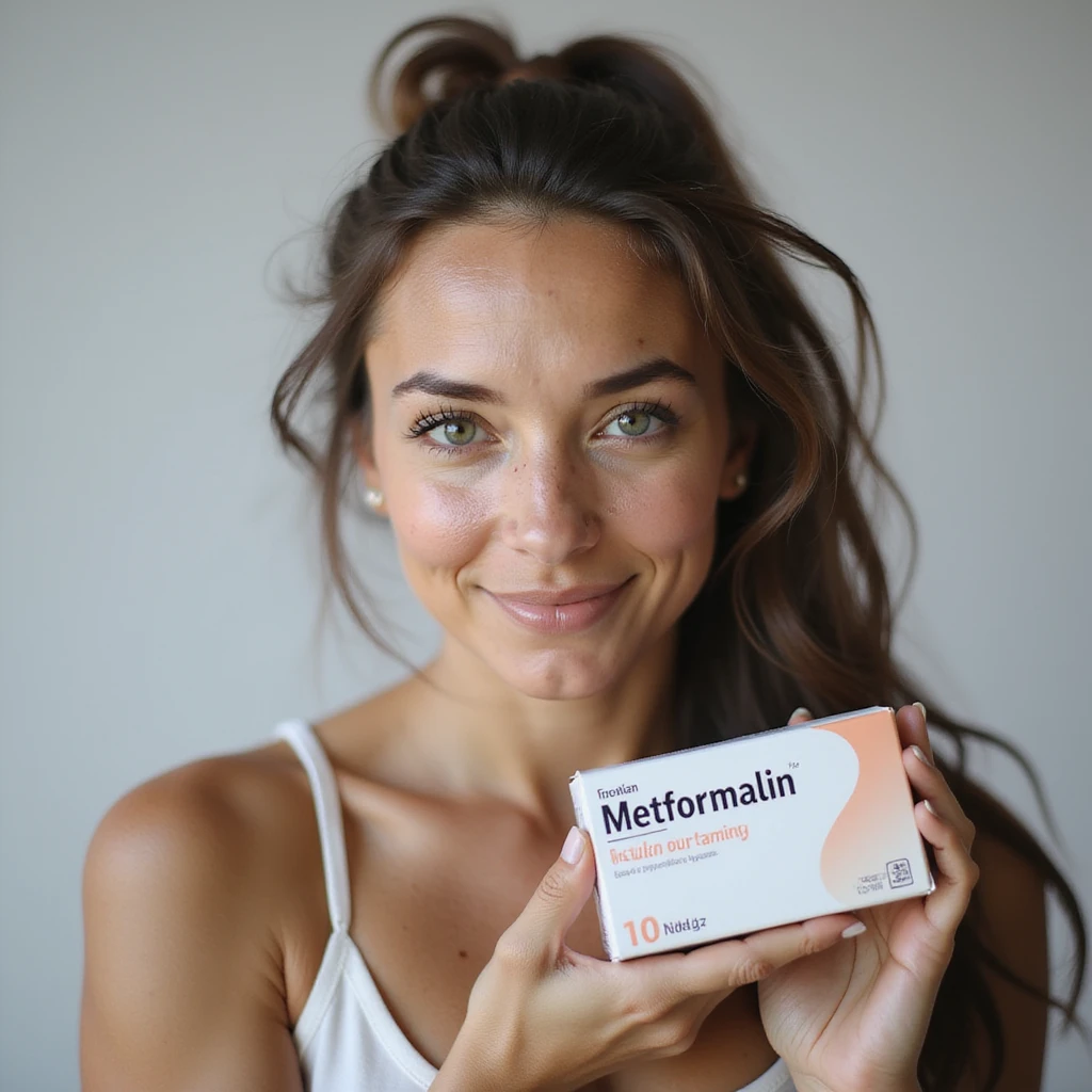 hyperrealistic 4K vertical 9:16 image of a woman with PCOS or insulin resistance, face with acne and fine hair, holding a box of Metformin, confident expression, isolated white background emoji