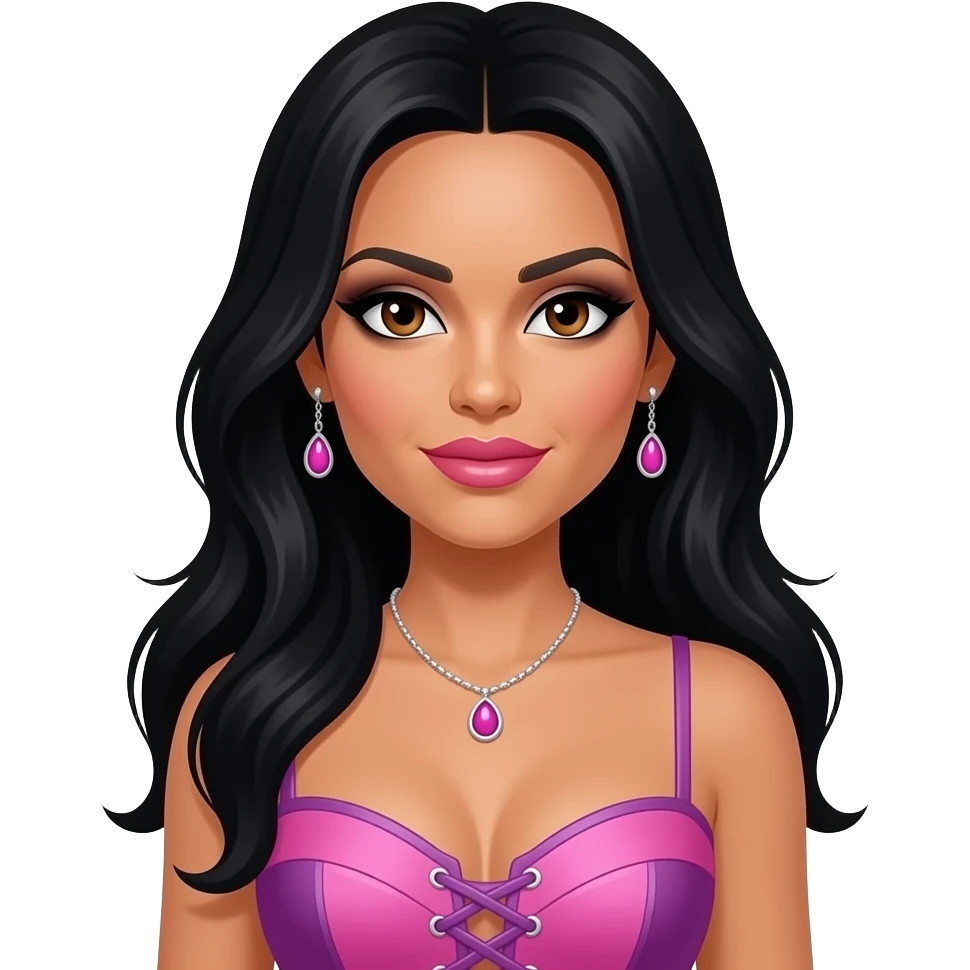 Nicole Scherzinger from The Pussycat Dolls with brown eyes, long black hair, black eyeshadow, pink lipstick, pink and purple off corset dress, necklace and earrings emoji