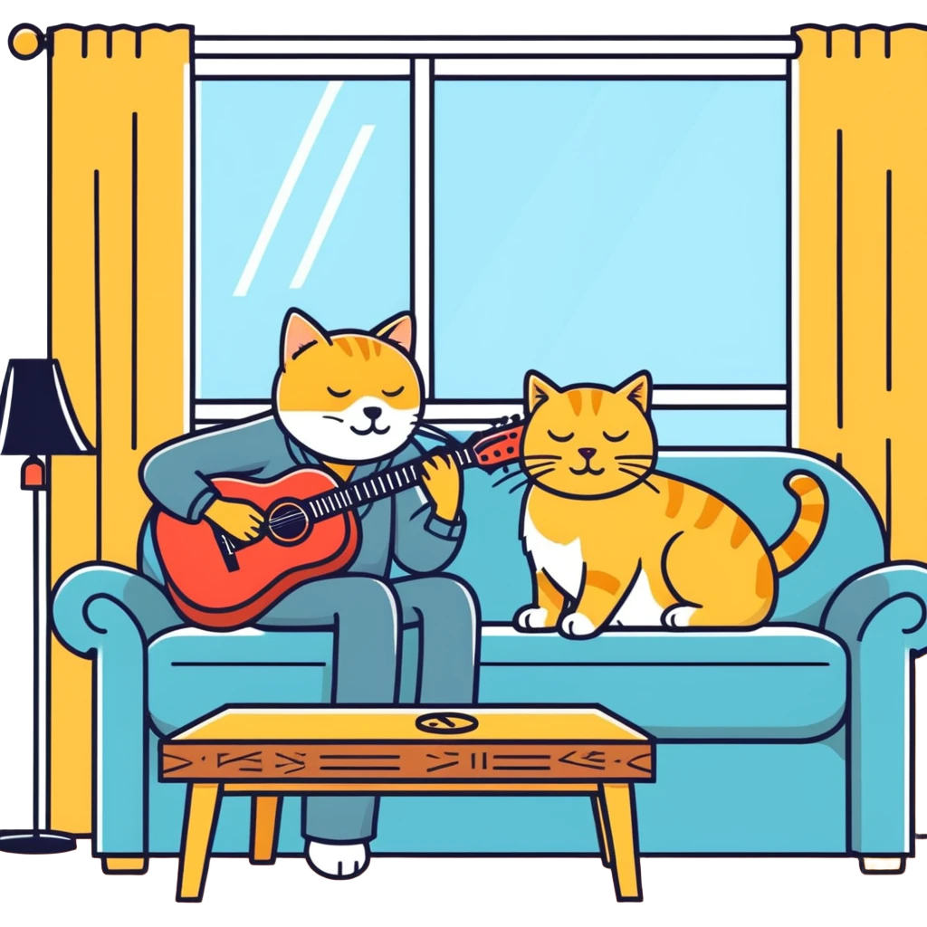  old blind man playing ￼guitar  on the couch ￼with his ￼golden cat  emoji