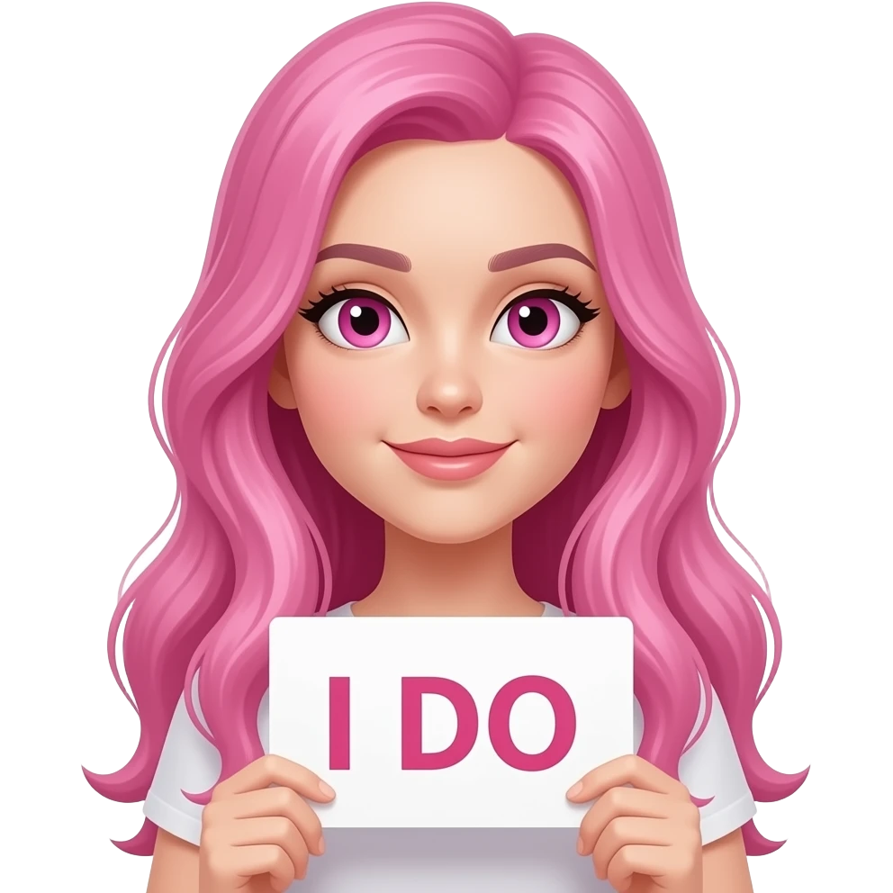 sexy girl with long pink hair and pink eyes wearing a holding a I DO sign emoji