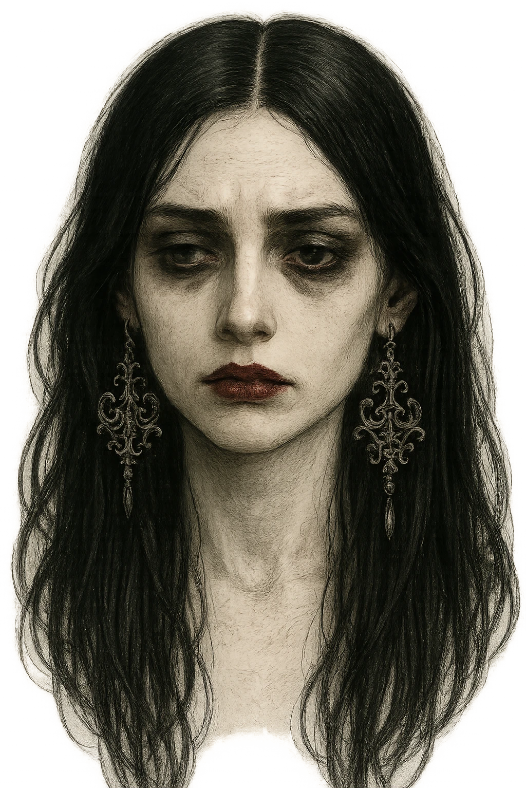 goth face, long black hair, deep red lips, ornate earrings, melancholic expression emoji