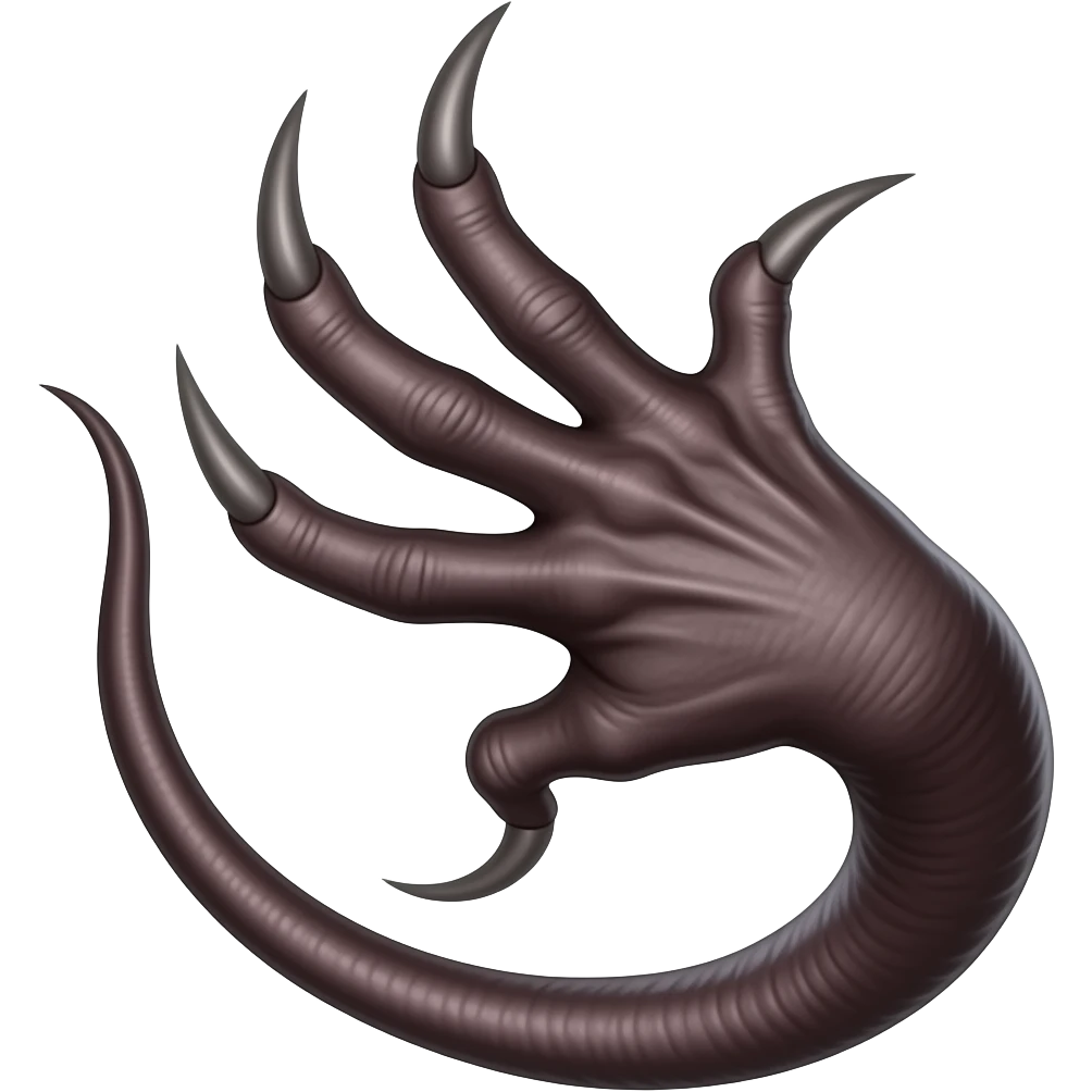 Long dark Demonic hand with sharp claws. The hand should be reaching out violently and to attack and slashing towards the right of the image violently. Shift the perspective to a side profile to show the curvature and length of the claws more clearly. emoji