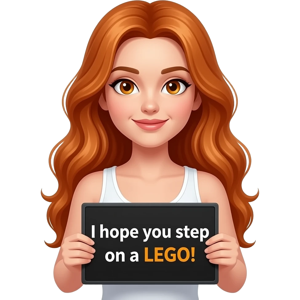 sexy girl with long wavy ginger hair and ginger eyes wearing a white tanktop is holding a black colored sign with I hope you step on a LEGO! written on it emoji