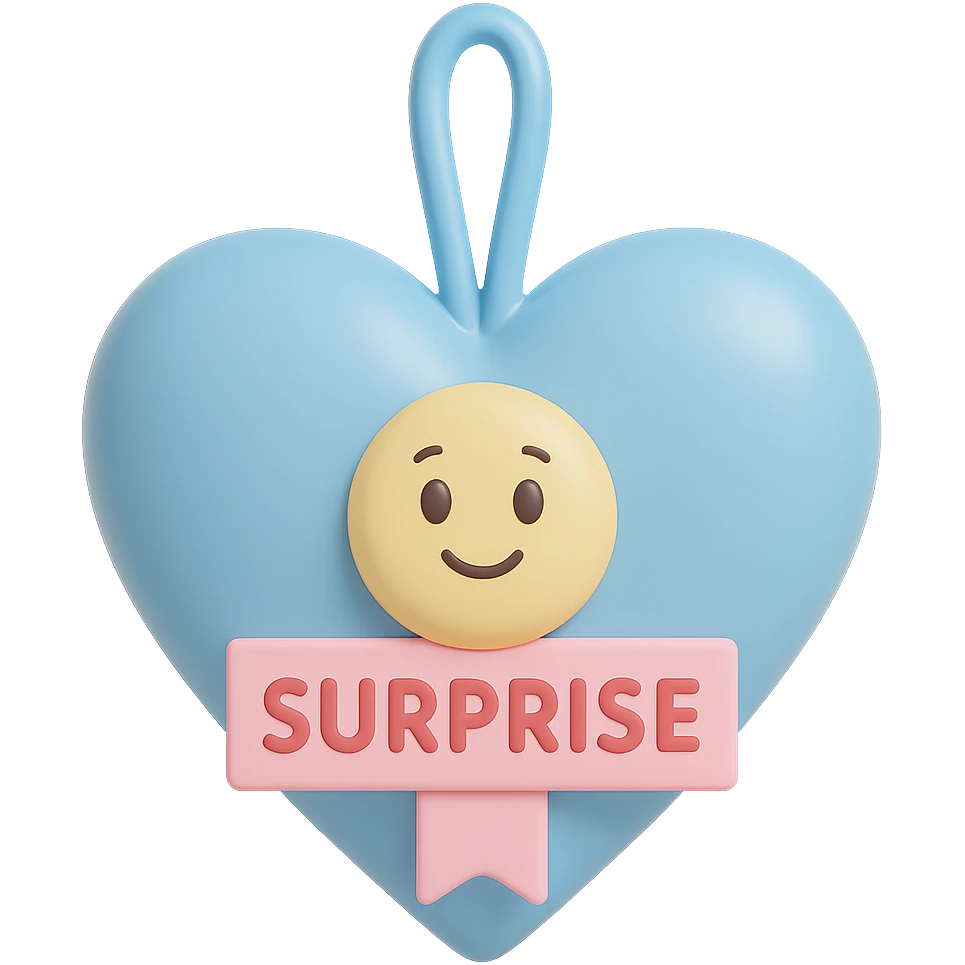 Recreate the blue heart-tagged pink gift in a vinyl figure style, with the name 'Surprise' on the tag, no background. emoji