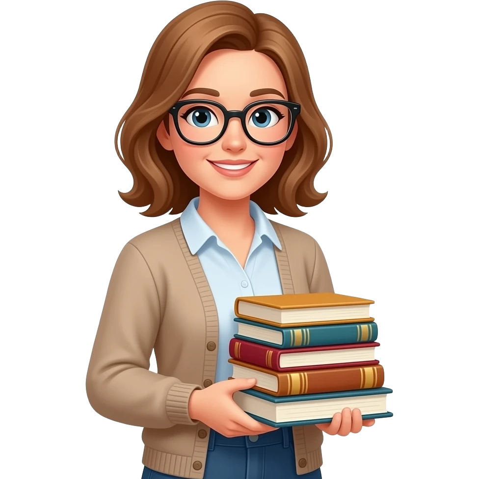 female librarian with light brown hair holding books less formal emoji