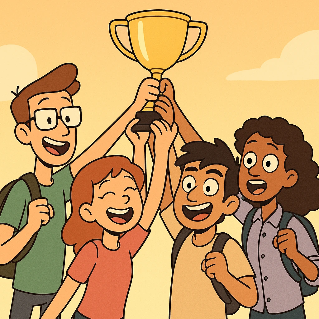 four students in a warm atmosphere lifting a trophy, modern cartoon style, bright background emoji