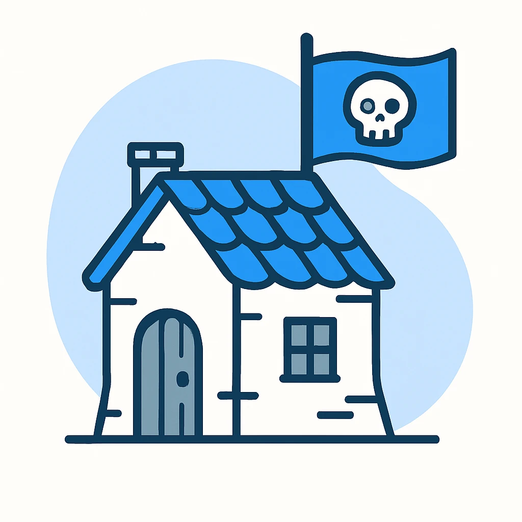 old pirate's house with skull flag emoji