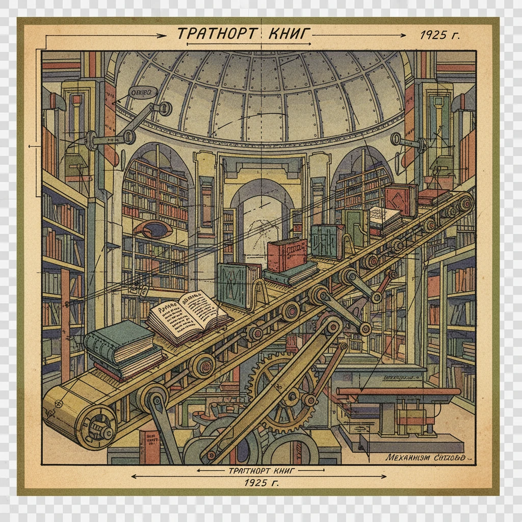 Книги едут по специальной механизированной ленте в библиотеке СССР 1920-е годы

Стиль - архивные цветные чертежи и документы

Прозрачный фон emoji