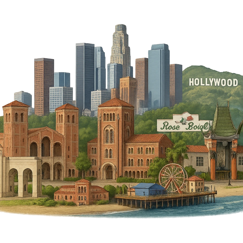 Make the buildings in the Los Angeles emoji more realistic with lifelike architectural detail and accurate proportions, while keeping the current layout: Los Angeles Memorial Coliseum arches, Royce Hall at UCLA, Bovard Administration Building at USC, Rose Bowl Stadium with its neon sign positioned more inland, Santa Monica Pier and beach at the coast, downtown LA skyline, Chinese Theater, and Hollywood Sign. Maintain accurate colors, bright daytime lighting, fully transparent background, no sky, no clouds, and no city name label. Do not change the layout or composition. Style should reflect realistic architectural detail and accurate proportions. emoji