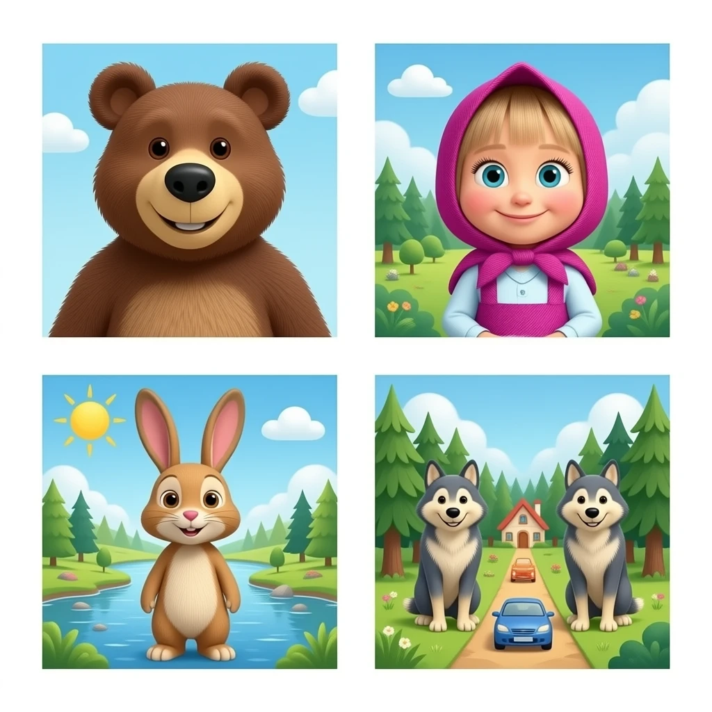 Personagens: Masha Bear, Rosie, Coelhinhos (Primeira aparição), Lebre (Primeira aparição), Lobos, Carrinhos de brinquedo. Lugares: Casa da Masha, Rio, Floresta. emoji