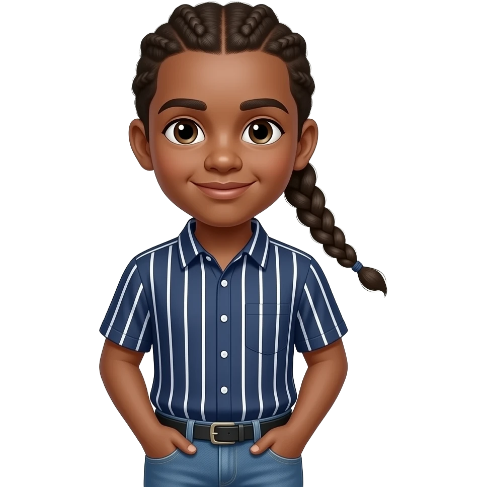 African American teenage boy with half his hair braided in a single cornrow braid and the other half sticking up unbraided wearing a navy blue button up shirt with white vertical stripes wearing denim jeans emoji