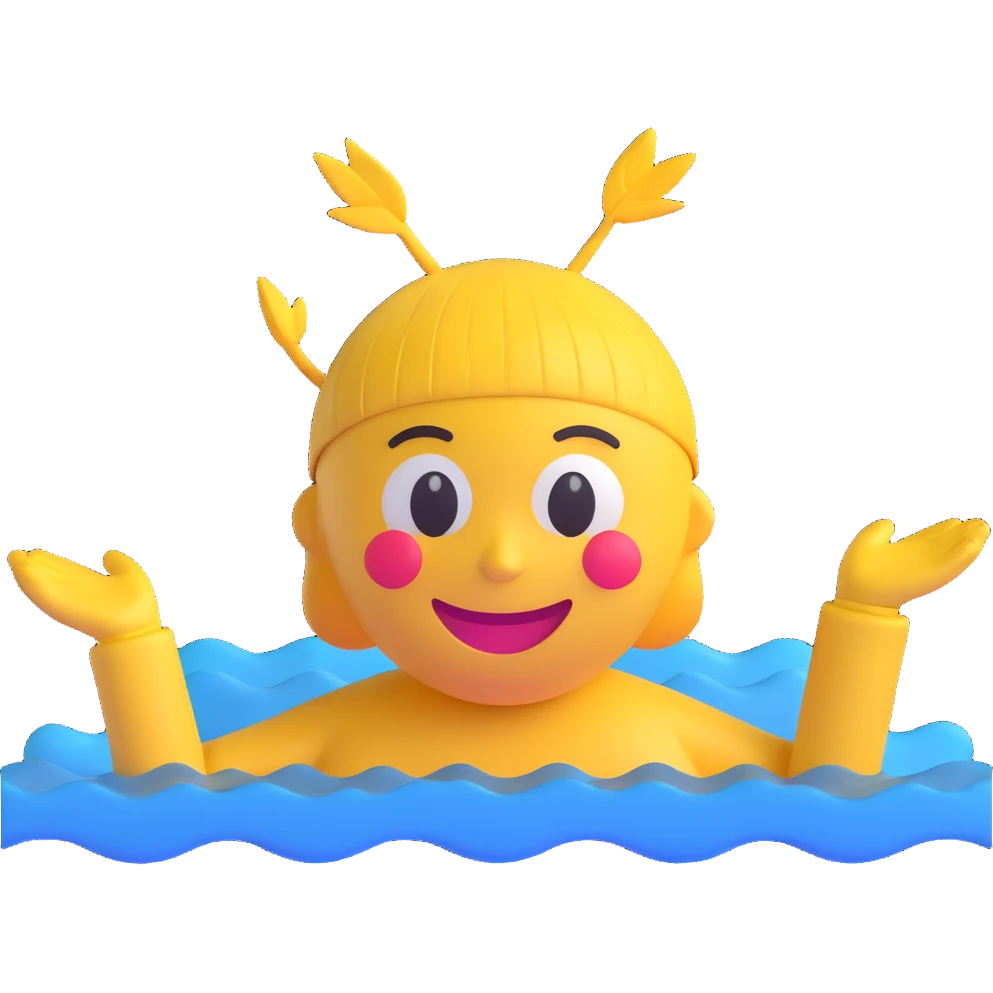 3D smiley emoji, round shape, wearing synchronized swimming headpiece, sporty face, transparent background (synchronized swimming) emoji