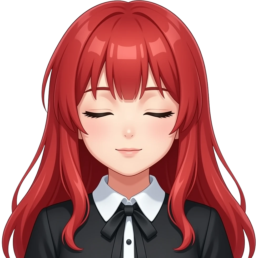anime girl looking to right closed long red hair green eyes black blouse with white collar emoji