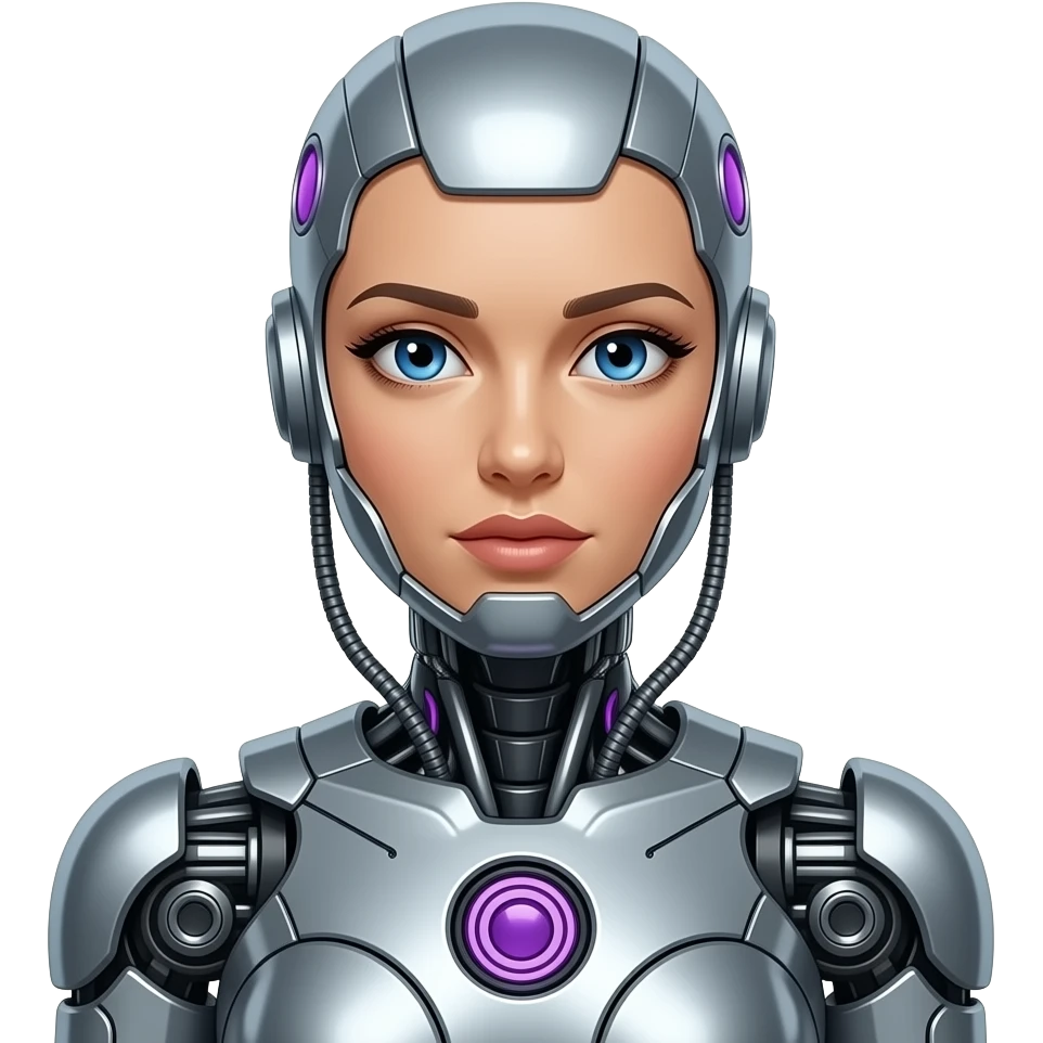A women robot with a bit of purple emoji