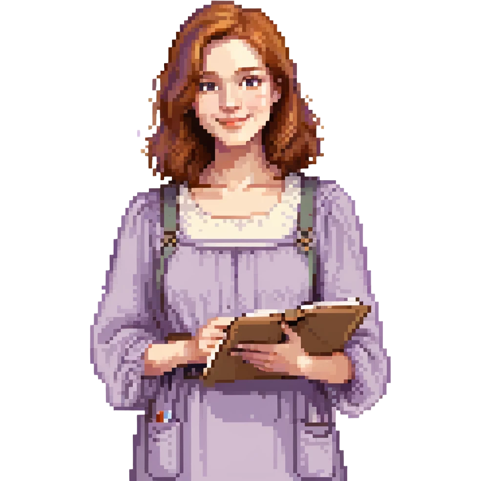 Calm female artist, Caucasian features, shoulder-length auburn hair, soft brown eyes, gentle smile, wearing a violet smock over a light beige top, holding a sketchbook close to chest, waist-up, front-facing emoji