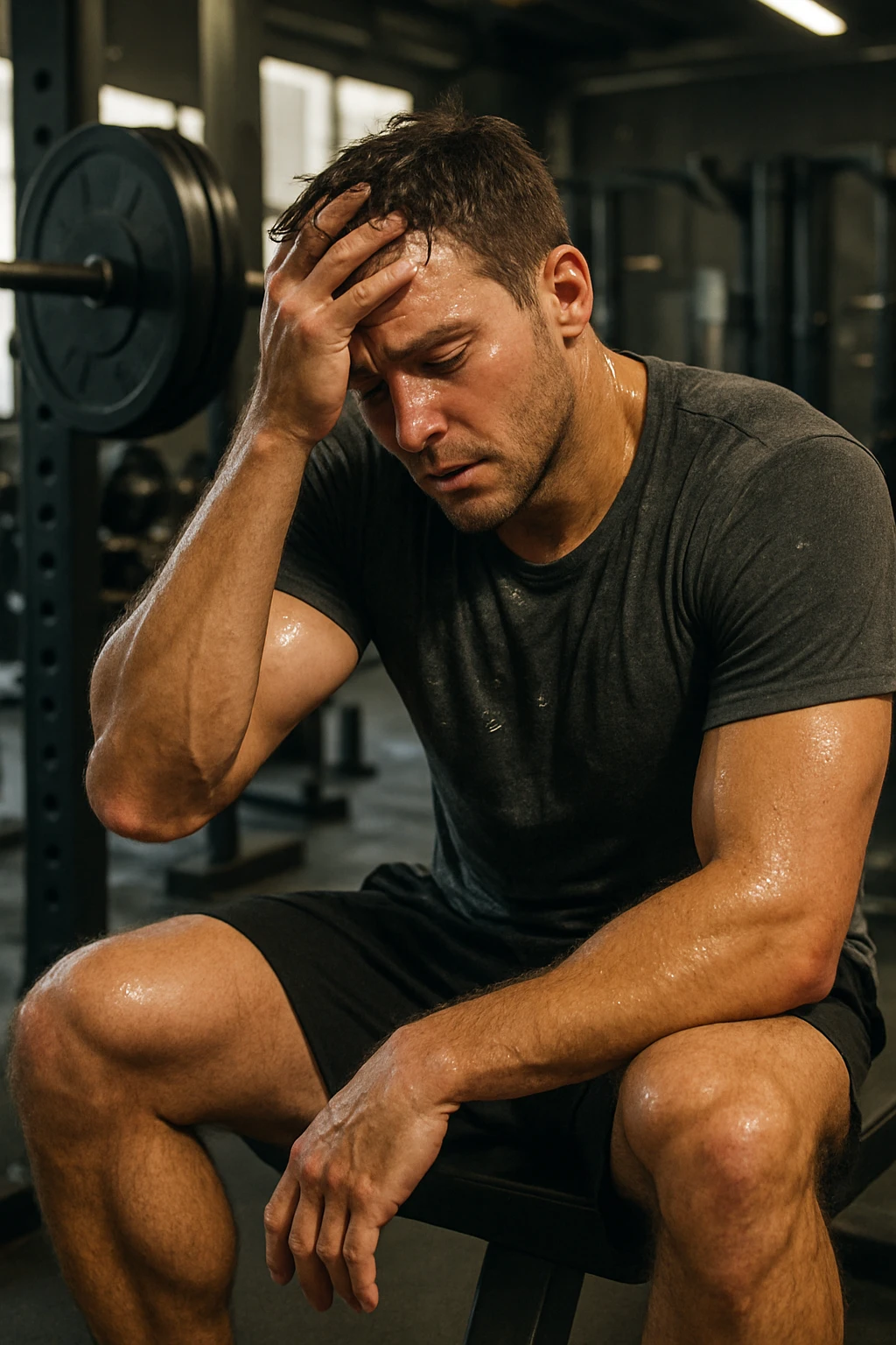 uomo in overreaching in palestra per il troppo volume di allenamento emoji