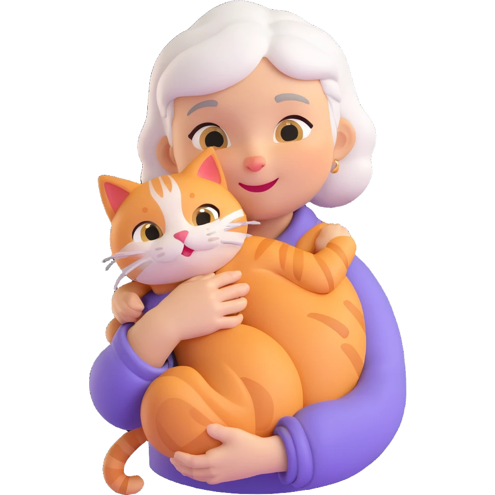 Show only one cat in the grandmother's arms, 3d emoji style, with no background (transparent) emoji