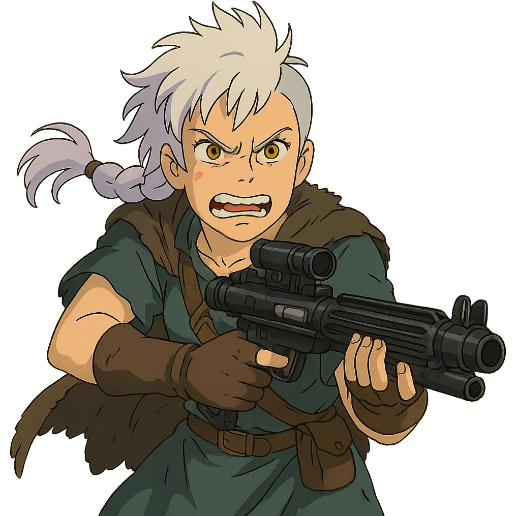 1 FEMALE, GOLD YELLOW EYES, WHITE HAIR LAVENDER TIPS, MESSY LOCKS BANGS MOHAWK, LONG BRAID, MERCENARY GARB, HOLDING A STORMTROOPER'S E11 BLASTER RIFLE, BRANDISHING, FURIOUS GLARE, GRITTING TEETH emoji