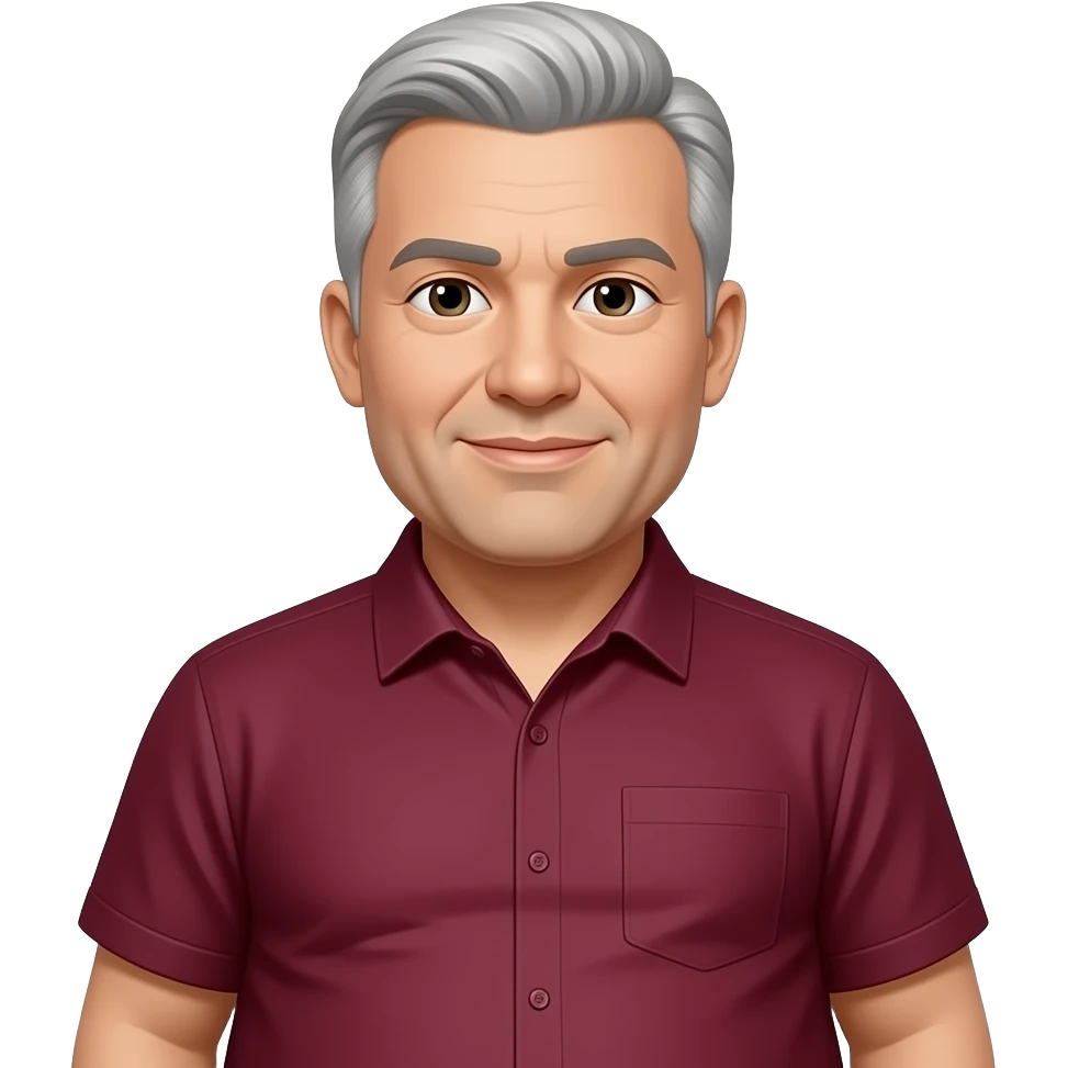 a man with light skintone and a round face with short grey hair and a visible fat stomach covered by a darkred shirt emoji